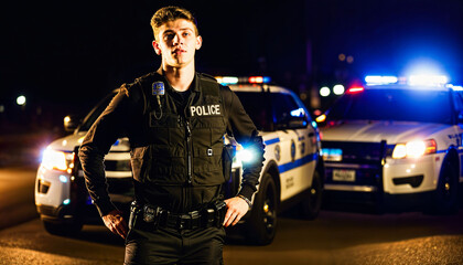 photo of adult teen new gen police officer law enforcement standing in front of police car at night with back light, generative AI