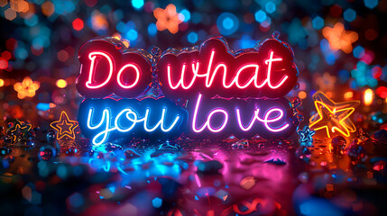 Do what you love. Motivational neon words text inscription on a blurred background. 