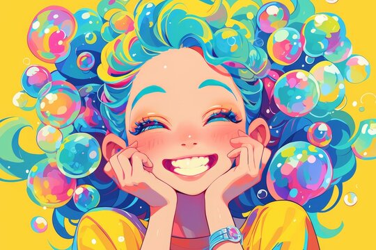 A beautiful girl smiling surrounded colorful bubbles
