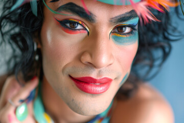 Closeup picture capturing the unique expression of a transgender person, blending masculine features with makeup.