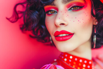 Obraz premium Transgender individual presenting with male facial characteristics, adorned with makeup. Trans woman.