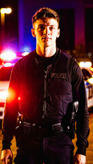 Obraz premium photo of adult teen new gen police officer law enforcement standing in front of police car at night with back light, generative AI