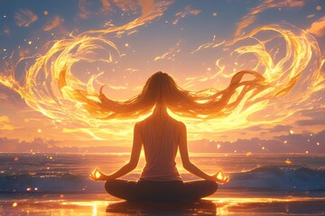 A beautiful woman with a glowing aura and light waves around her is meditating at sunset by the sea. Her hair is flowing in the wind.