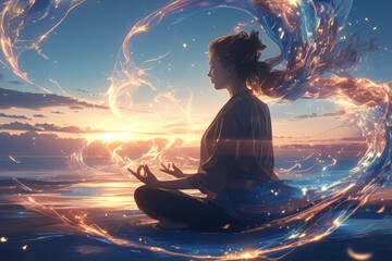 A beautiful woman with a glowing aura and light waves around her is meditating at sunset by the sea. 