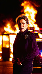 Fototapeta premium photo of police officer law enforcement standing at night with explosive scene fire and smoke in background, generative AI