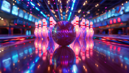 Radiant Lanes: Neon-Lit Bowling Alley with Pins and Ball
 - obrazy, fototapety, plakaty