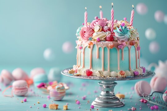 A beautifully decorated birthday cake with candles and decorations on top, set against a pastel blue background. 