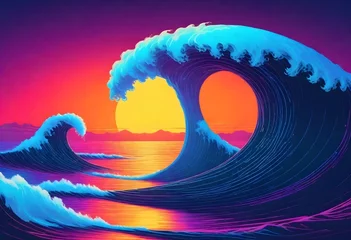 Rolgordijnen A stylized ocean wave curling with a gradient of blue to purple colors against a sunset background © sanart design