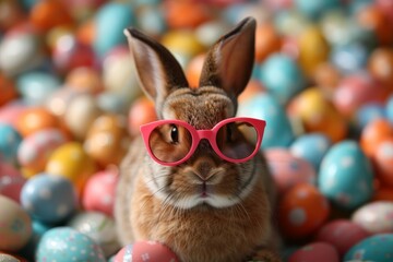 Fototapeta na wymiar A brown Easter bunny with pink sunglasses surrounded by colorful eggs, Easter theme.