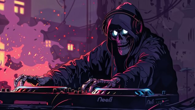 A cartoon grim reaper DJ with glowing eyes and black hood, wearing headphones while mixing tracks on turntables