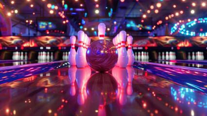 Bowling Brilliance: Pins and Ball Shine in Neon Ambiance
 - obrazy, fototapety, plakaty