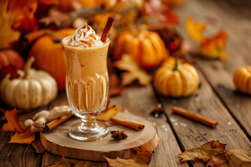 A glass of pumpkin spice smoothie topped with whipped cream and a dusting of cinnamon.