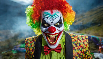Portrait of scary spooky crazed clown with a colorful wig. - 760653246