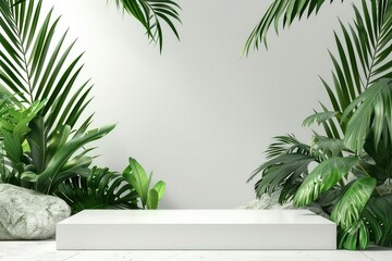 A blank white round table among tropical plants with sunlight, beautiful leaves shadow on white wall in background. Mock up, Display, Podium, Stand.