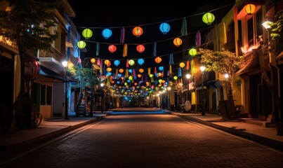 Street lanterns illuminate residential area at night
