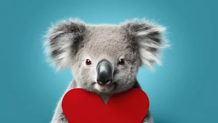 Fotobehang Purr-fect Love: Koala on Blue Background with Heart © Andriy