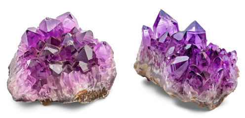 Set of Amethyst Crystal Cluster with Shimmering Facets isolated on transparent background