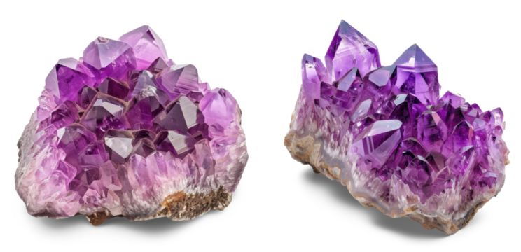 Set of Amethyst Crystal Cluster with Shimmering Facets isolated on transparent background
