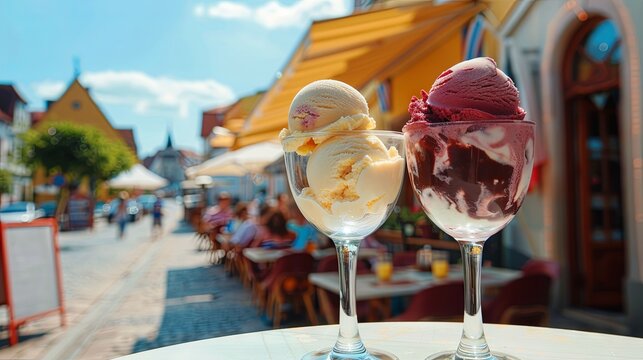 Ice cream in glass cup standing on street cafe table wallpaper background - Powered by Adobe