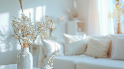 A bouquet of white delicate flowers in a clean room, freshness and cleanliness
