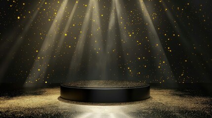 Obraz premium Black podium product stage with spotlight and golden glitter background.