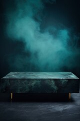 a large Turquoise marble coffee table in the background, in the style of smokey background