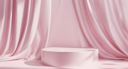 Fototapeta na wymiar Pink fashion fabric cosmetic podium for product presentation