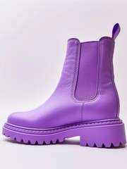 One violet leather chelsea boot on white background.