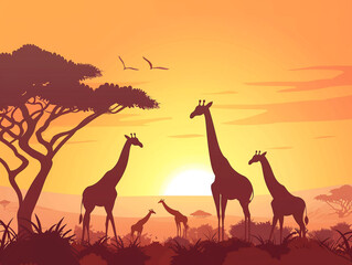 Fototapeta na wymiar Sunrise over Serengeti a backdrop for a tender giraffe family moment