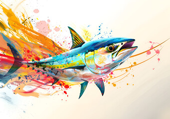 A lively, rainbow-hued fish swimming in a white space, adding a splash of color and playfulness to the scene
Watercolor fish. Fresh organic seafood. Nature drawing - Vector illustration. 