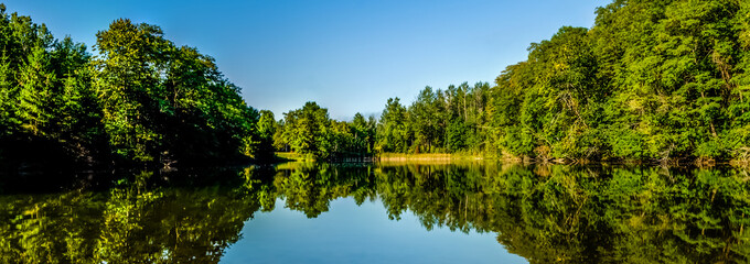 Panoramic Symetrical view of a tree-lined pond and it's reflection