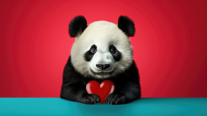 Purr-fect Love: panda  on Blue Background with Heart
