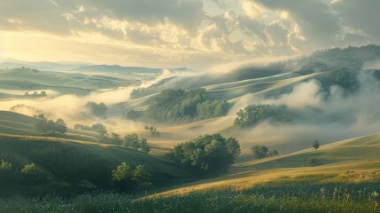 The golden sunrise casts a soft glow on the rolling hills enveloped in a serene blanket of morning mist. - obrazy, fototapety, plakaty