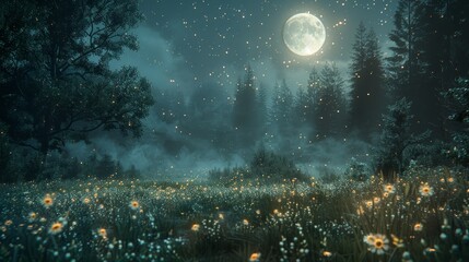 A serene forest glade bathed in the ethereal light of a full moon, creating a dreamlike and tranquil atmosphere. - obrazy, fototapety, plakaty