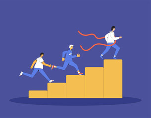Business career ladder. Team wit product manager climbing up stairs to reach goal. Motivation for work and project achievement. Vector line art flat illustration