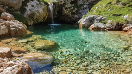 Gentle waterfall pouring into a sun-kissed rock pool with crystal clear water, surrounded by natural stones and greenery.