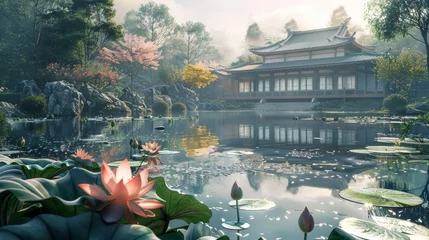 Foto op Canvas Dawn breaks over a tranquil Asian garden pond, its surface graced with lotus flowers and reflected traditional architecture. © Sodapeaw