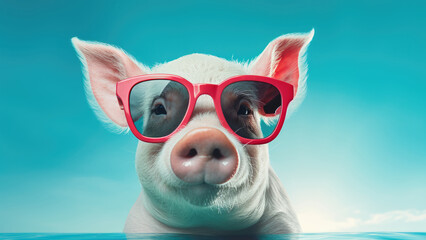 Purr-fect Love: pig on Blue Background with Heart