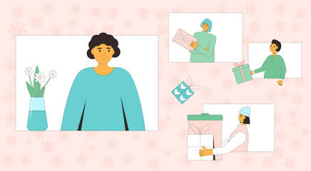 Congratulation woman. Mother's day greeting card. Children giving presents and best wishes their mom. People with flowers bouquet and gifts. Spring happy holiday Festive celebration. Vector banner