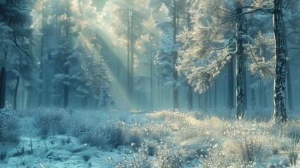 Morning sunrays filter through an enchanted winter forest, casting a mystical glow over frost-kissed pines and sparkling underbrush.