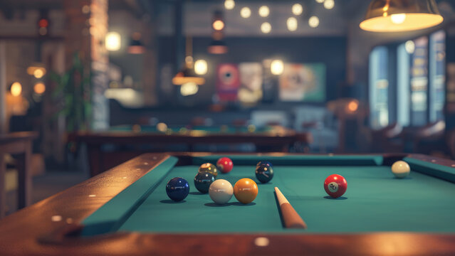 Entertainment and recreation in the club. Pool balls on a pool table. A game of billiards
