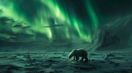 A solitary polar bear wanders across the icy expanse of the Arctic, bathed in the ethereal green glow of the Northern Lights.