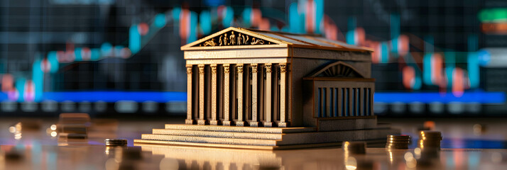 Bank model on table and stock chart or financial data background, use of fiscal policy by central banks and the increase in interest rates