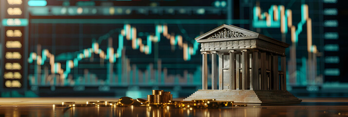 Bank model on table and stock chart or financial data background, use of fiscal policy by central banks and the increase in interest rates