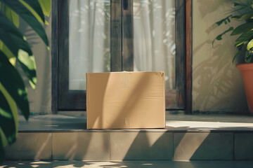 A cardboard box is placed in front of the door, the increasing popularity of online ordering and the convenience and speed of product delivery