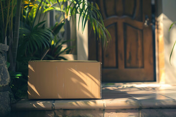 A cardboard box is placed in front of the door, the increasing popularity of online ordering and the convenience and speed of product delivery - obrazy, fototapety, plakaty