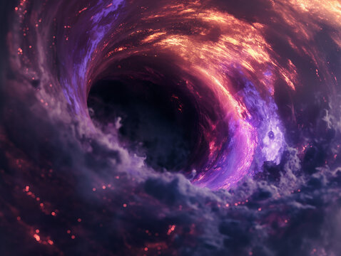 A swirling vortex of purples and reds depicts a cosmic black hole in space.