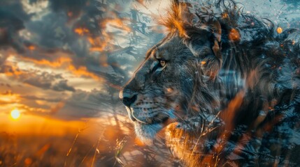 In a stunning double exposure artwork, the fierce gaze of a lion is superimposed over an awe-inspiring African sunset, embodying the wild spirit of the savannah.