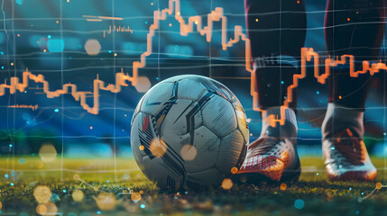 Close up foot of a soccer player kicking a ball with stock chart background, investing or trading in stock or currency market like playing sports - obrazy, fototapety, plakaty