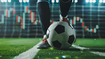 Close up foot of a soccer player kicking a ball with stock chart background, investing or trading in stock or currency market like playing sports